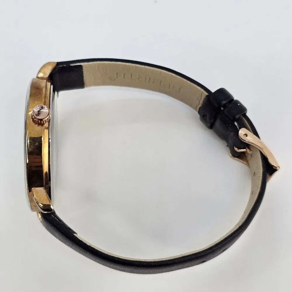 Rebirth Women's‎ Watch 41MM Gold Dial Black Leather Bands New Battery